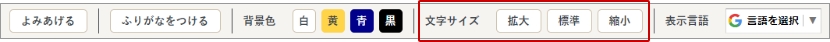 文字のサイズを変更する機能は、よみあげる、ふりがなをつける、背景色に続き4番目にあります。