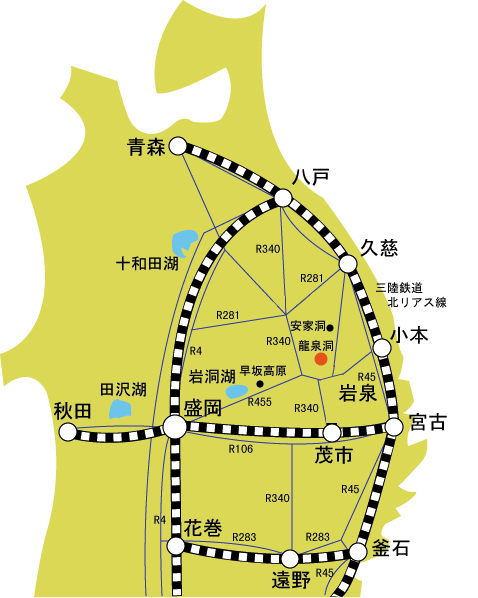 岩泉町を中心に国道と鉄道の路線が書かれた地図