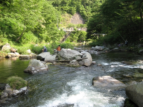 夏の大川七滝の写真。渓流釣りを楽しむ人たち。