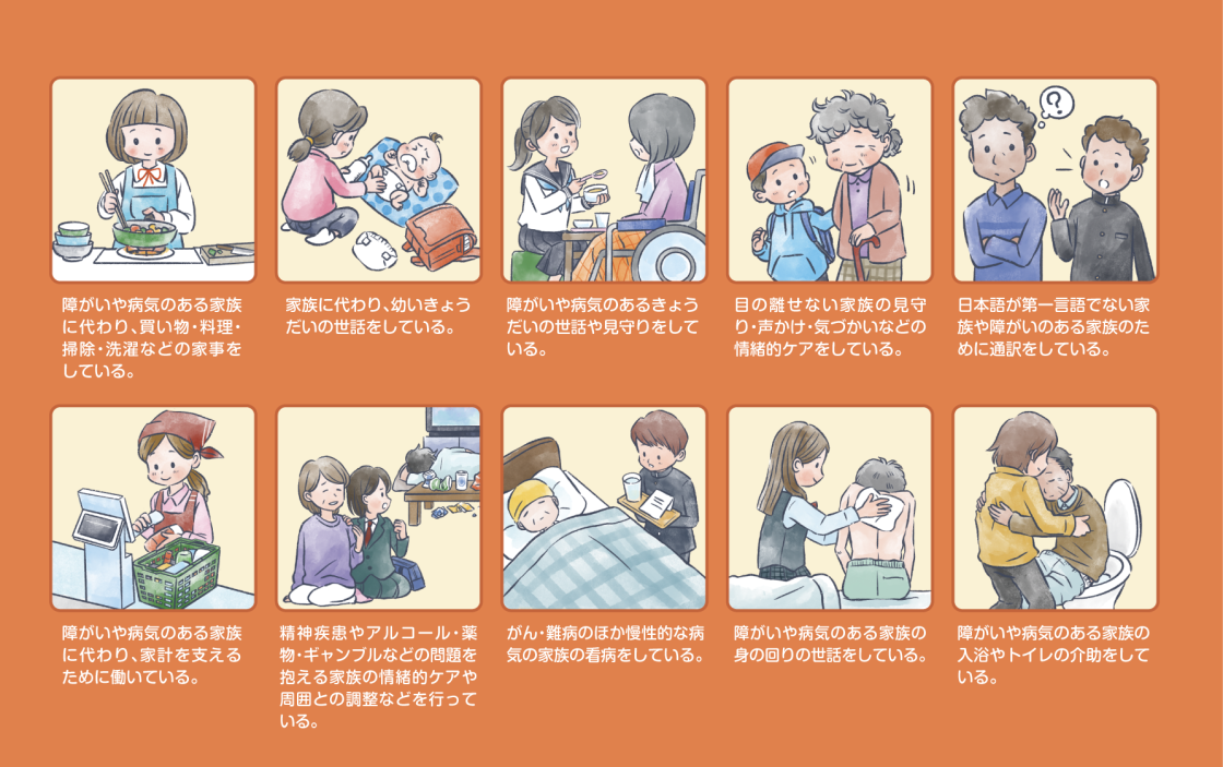 ヤングケアラーについて10個のイラストで説明しています。